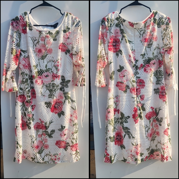 R&K White and Floral over Lace Midi  ¾ sleeves dress size 4 - Picture 2 of 8